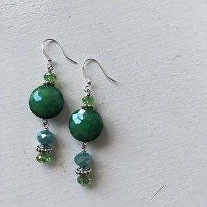 Green Glass and Crystal Dangle Earrings